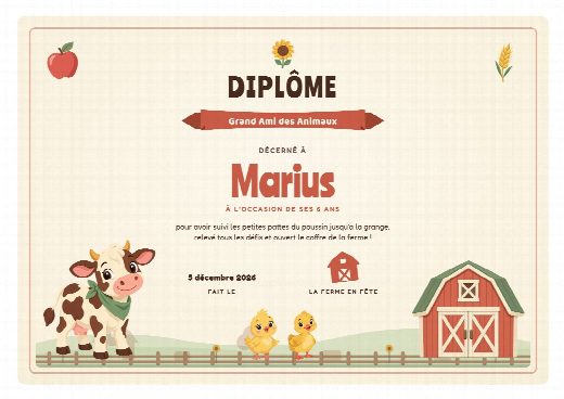 Diplôme d’anniversaire ferme à imprimer, au prénom de l’enfant, remis à la fin de la chasse au trésor