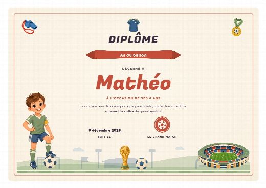 Diplôme d’anniversaire football à imprimer, au prénom de l’enfant, remis à la fin de la chasse au trésor
