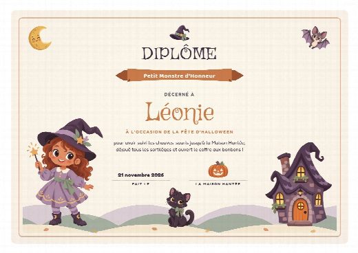 Diplôme d’anniversaire Halloween à imprimer, au prénom de l’enfant, remis à la fin de la chasse au trésor