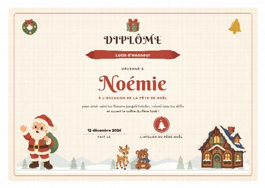 Diplôme d’anniversaire Noël à imprimer, au prénom de l’enfant, remis à la fin de la chasse au trésor