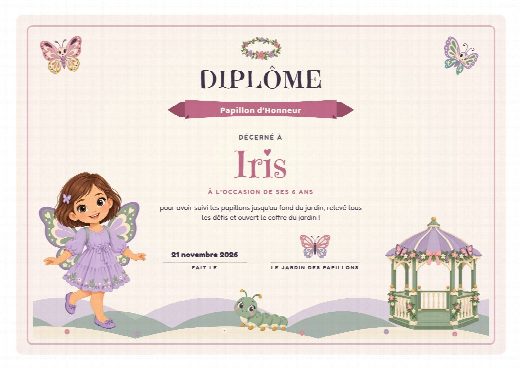 Diplôme d’anniversaire papillon à imprimer, au prénom de l’enfant, remis à la fin de la chasse au trésor