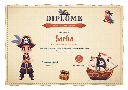 Diplôme d’anniversaire pirates à imprimer, au prénom de l’enfant, remis à la fin de la chasse au trésor