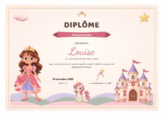 Diplôme d’anniversaire princesses à imprimer, au prénom de l’enfant, remis à la fin de la chasse au trésor