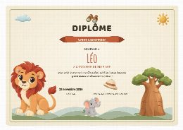 Diplôme d’anniversaire safari à imprimer, au prénom de l’enfant, remis à la fin de la chasse au trésor