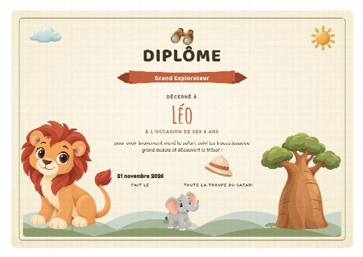 Diplôme d’anniversaire safari à imprimer, au prénom de l’enfant, remis à la fin de la chasse au trésor