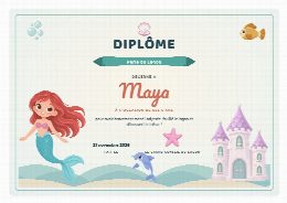 Diplôme d’anniversaire sirènes à imprimer, au prénom de l’enfant, remis à la fin de la chasse au trésor