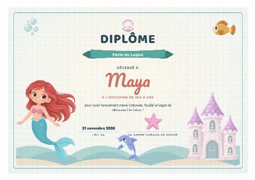 Diplôme d’anniversaire sirènes à imprimer, au prénom de l’enfant, remis à la fin de la chasse au trésor