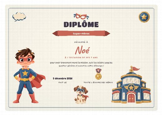 Diplôme d’anniversaire super-héros à imprimer, au prénom de l’enfant, remis à la fin de la chasse au trésor