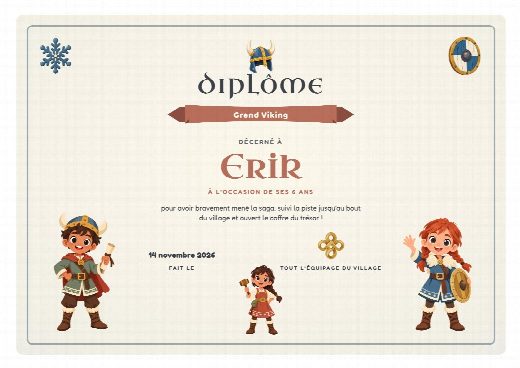 Diplôme d’anniversaire vikings à imprimer, au prénom de l’enfant, remis à la fin de la chasse au trésor