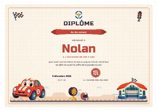 Diplôme d’anniversaire voitures à imprimer, au prénom de l’enfant, remis à la fin de la chasse au trésor