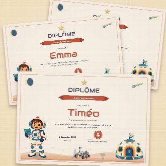 Diplômes d’anniversaire astronaute façon parchemin à imprimer, un au prénom de chaque enfant, remis à la fin de la chasse au trésor