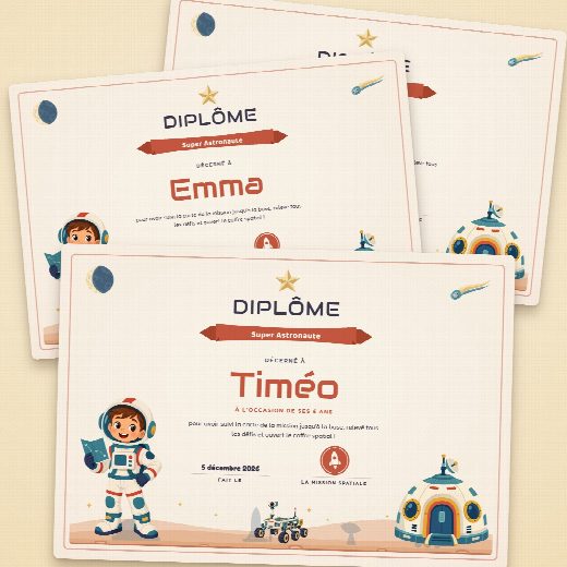 Diplômes d’anniversaire astronaute façon parchemin à imprimer, un au prénom de chaque enfant, remis à la fin de la chasse au trésor