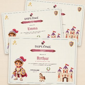 Diplômes d’anniversaire chevaliers façon parchemin à imprimer, un au prénom de chaque enfant, remis à la fin de la chasse au trésor