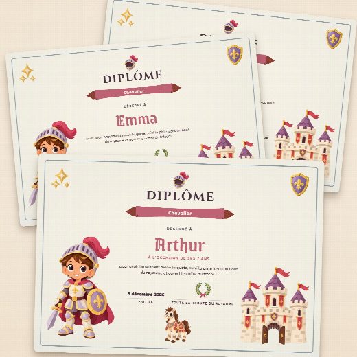 Diplômes d’anniversaire chevaliers façon parchemin à imprimer, un au prénom de chaque enfant, remis à la fin de la chasse au trésor