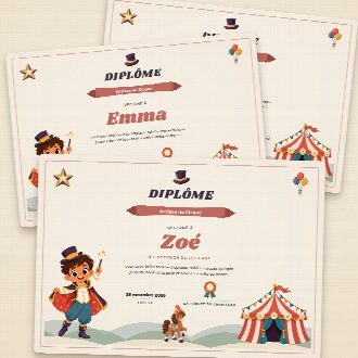 Diplômes d’anniversaire cirque façon parchemin à imprimer, un au prénom de chaque enfant, remis à la fin de la chasse au trésor