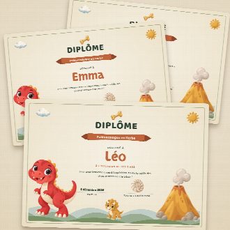 Diplômes d’anniversaire dinosaures façon parchemin à imprimer, un au prénom de chaque enfant, remis à la fin de la chasse au trésor
