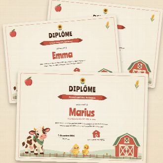 Diplômes d’anniversaire ferme façon parchemin à imprimer, un au prénom de chaque enfant, remis à la fin de la chasse au trésor