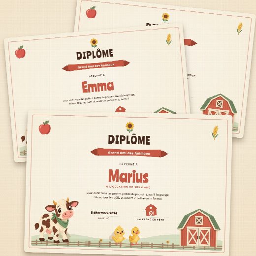 Diplômes d’anniversaire ferme façon parchemin à imprimer, un au prénom de chaque enfant, remis à la fin de la chasse au trésor