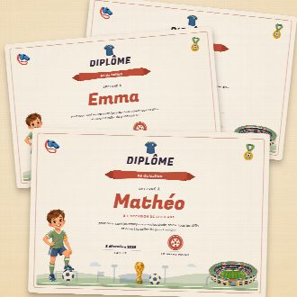 Diplômes d’anniversaire football façon parchemin à imprimer, un au prénom de chaque enfant, remis à la fin de la chasse au trésor