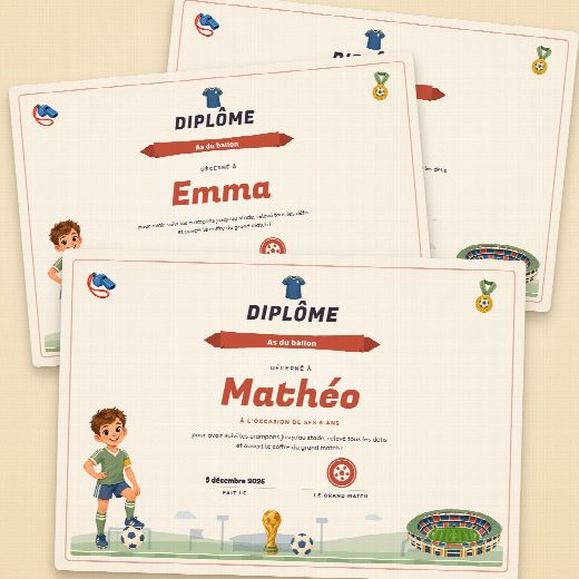 Diplômes d’anniversaire football façon parchemin à imprimer, un au prénom de chaque enfant, remis à la fin de la chasse au trésor