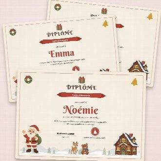 Diplômes de Noël façon parchemin à imprimer, un au prénom de chaque enfant, remis à la fin de la chasse au trésor