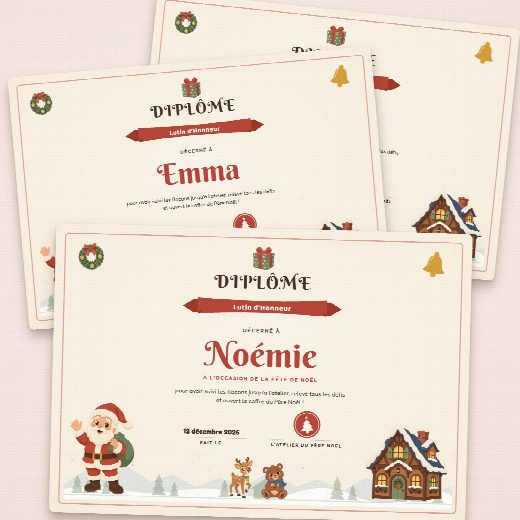 Diplômes de Noël façon parchemin à imprimer, un au prénom de chaque enfant, remis à la fin de la chasse au trésor
