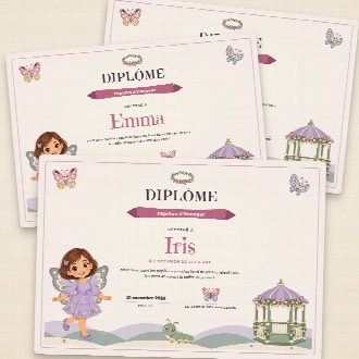Diplômes d’anniversaire papillon façon parchemin à imprimer, un au prénom de chaque enfant, remis à la fin de la chasse au trésor