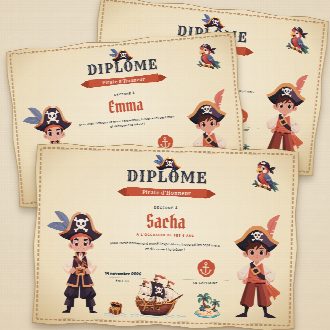 Diplômes d’anniversaire pirates façon parchemin à imprimer, un au prénom de chaque enfant, remis à la fin de la chasse au trésor