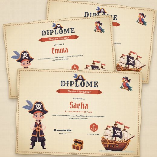 Diplômes d’anniversaire pirates façon parchemin à imprimer, un au prénom de chaque enfant, remis à la fin de la chasse au trésor