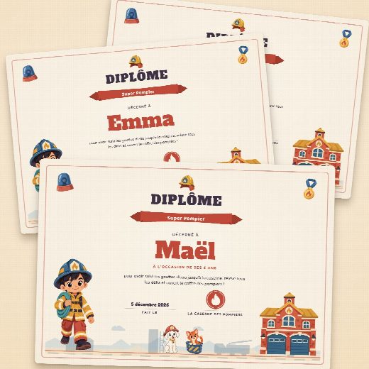Diplômes d’anniversaire pompier façon parchemin à imprimer, un au prénom de chaque enfant, remis à la fin de la chasse au trésor