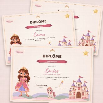 Diplômes d’anniversaire princesses façon parchemin à imprimer, un au prénom de chaque enfant, remis à la fin de la chasse au trésor