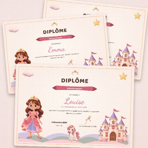 Diplômes d’anniversaire princesses façon parchemin à imprimer, un au prénom de chaque enfant, remis à la fin de la chasse au trésor