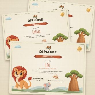Diplômes d’anniversaire safari façon parchemin à imprimer, un au prénom de chaque enfant, remis à la fin de la chasse au trésor