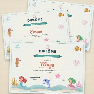 Diplômes d’anniversaire sirènes façon parchemin à imprimer, un au prénom de chaque enfant, remis à la fin de la chasse au trésor