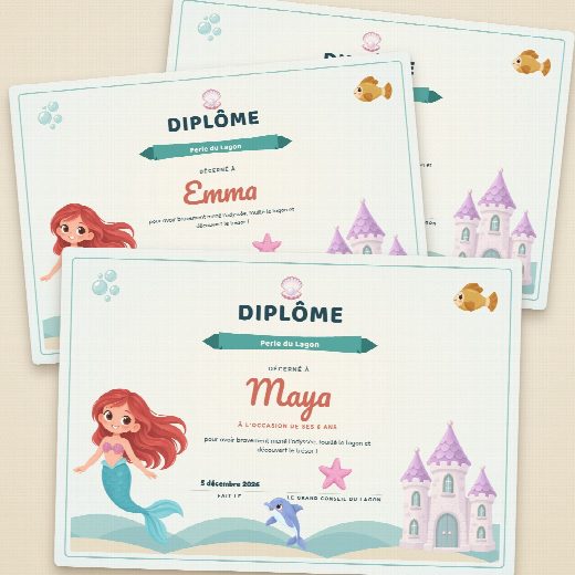 Diplômes d’anniversaire sirènes façon parchemin à imprimer, un au prénom de chaque enfant, remis à la fin de la chasse au trésor