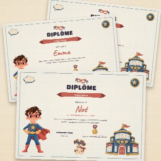 Diplômes d’anniversaire super-héros façon parchemin à imprimer, un au prénom de chaque enfant, remis à la fin de la chasse au trésor