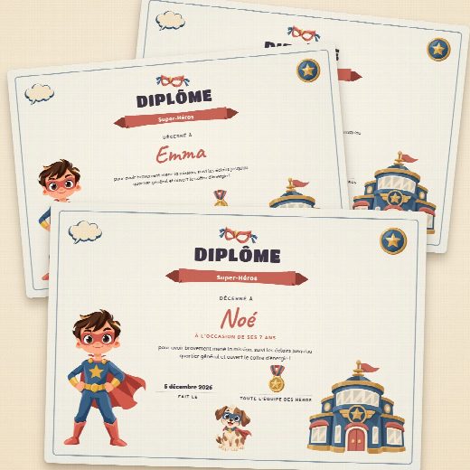 Diplômes d’anniversaire super-héros façon parchemin à imprimer, un au prénom de chaque enfant, remis à la fin de la chasse au trésor