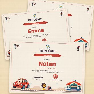 Diplômes d’anniversaire voitures façon parchemin à imprimer, un au prénom de chaque enfant, remis à la fin de la chasse au trésor