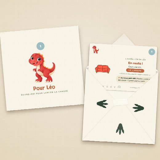 Enveloppe de la chasse au trésor dinosaures à imprimer et à plier, vue des deux côtés, sa carte-indice glissée dedans