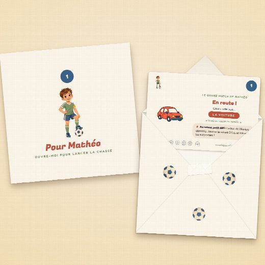 Enveloppe de la chasse au trésor football à imprimer et à plier, vue des deux côtés, sa carte-indice glissée dedans