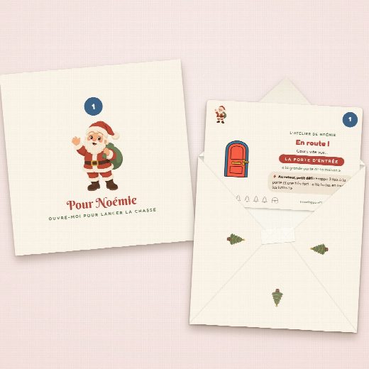 Enveloppe de la chasse au trésor Noël à imprimer et à plier, vue des deux côtés, sa carte-indice glissée dedans