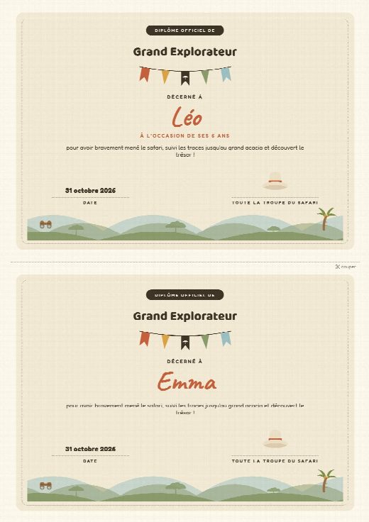 Diplômes safari à imprimer, un diplôme au prénom de chaque enfant