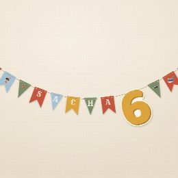 Guirlande d’anniversaire pirates suspendue : le prénom de l’enfant fanion par fanion et le grand chiffre de son âge, à imprimer
