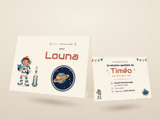Carte d’invitation d’anniversaire astronaute découpée et pliée, imprimée recto verso