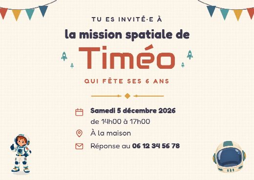 Verso de l’invitation d’anniversaire astronaute : la date, l’heure, le lieu de la fête et le numéro pour répondre