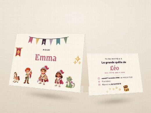 Carte d’invitation d’anniversaire chevaliers découpée et pliée, imprimée recto verso