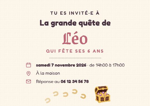Verso de l’invitation d’anniversaire chevaliers : la date, l’heure, le lieu de la fête et le numéro pour répondre