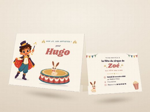 Carte d’invitation d’anniversaire cirque découpée et pliée, imprimée recto verso