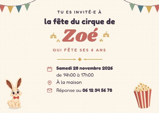 Verso de l’invitation d’anniversaire cirque : la date, l’heure, le lieu de la fête et le numéro pour répondre
