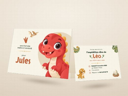 Carte d’invitation d’anniversaire dinosaures découpée et pliée, imprimée recto verso